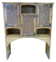 Art Nouveau / Arts & Crafts large inlaid & carved oak cabinet. Measures 129.5cm wide x 41cm deep x