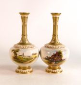 Pair of Royal Worcester hand painted bottle vases. Painted with rural cottage scenes. Blush Gilt