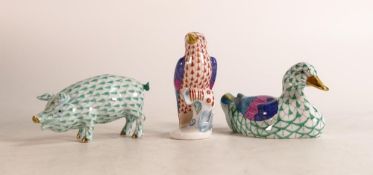 Three Herend porcelain animals to include a Nightingale, Pig and Duck. Height of tallest: 7.5cm (3)