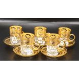 Five De Lamerie Fine Bone China heavily gilded Arabic style coffee cups & saucers, specially made