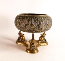 Kandyan Art Association, Sri Lankan heavy Brass relief bowl on stand. Both stamped KAA with