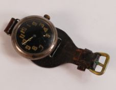 World War I WWI trench watch, black dial, the case appears to be silver but back too tight to
