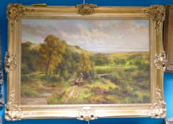 J. Morris, English landscape, oil on canvas 19th century, signed lower left, image of women by