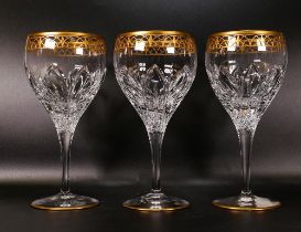 Three De Lamerie Fine Bone China heavily gilded Qatari design White wine glasses, specially made