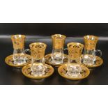 Five De Lamerie Fine Bone China heavily gilded Arabic style coffee cups & saucers, specially made