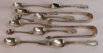A collection of antique hallmarked silver spoons and tongs, 260g.