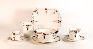 Shelley D11926 Foley shaped trio, sandwich plate, coffee can & saucer, milk jug & sugar bowl (8)