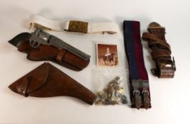 A collection of Military themed items to include leather and Brass Sam Brown type belt, Lifeguard
