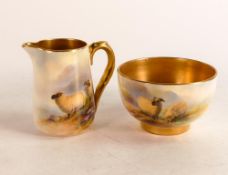 Royal Worcester hand painted jug and bowl. Painted with Highland scenes of sheep by E. Barker. Fully