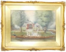 Beatrix Lever, unsigned watercolour of "The Weir Bungalow" 27cm x 40cm, in gilt frame, frame has