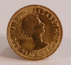 QEII FULL 22ct gold sovereign coin, 1966, uncirculated.