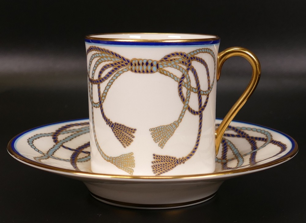 De Lamerie Fine Bone China heavily gilded Ribbons & Bows pattern in blue set of six coffee cans &