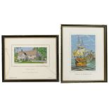 Two Macclesfield silks depicting Sulgrave Manor and the Mayflower. L: 26cm x W: 21.5cm. (2)