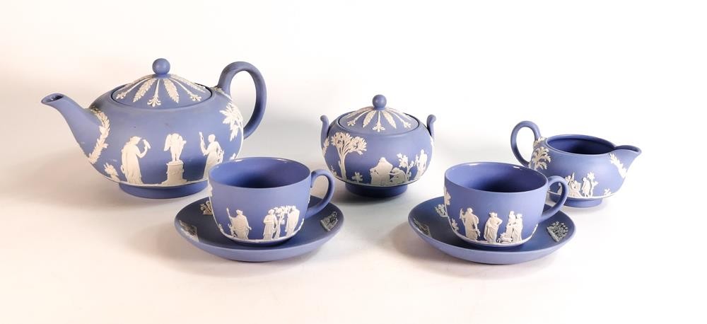 Wedgwood blue Jasper ware tea set including tea pot, cups & saucers, sugar bowl & milk jug. (7)