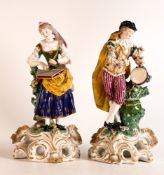 Pair of 19th century English porcelain musician figures on Rococo bases. Male figure playing a