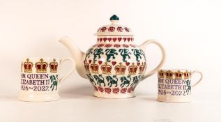 Emma Bridgewater HM Queen Elizabeth II large tea pot together with two mugs. Height of teapot 21cm