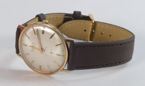 Rone Incabloc 9ct gold mechanical wristwatch with seconds dial, with new brown leather strap. In