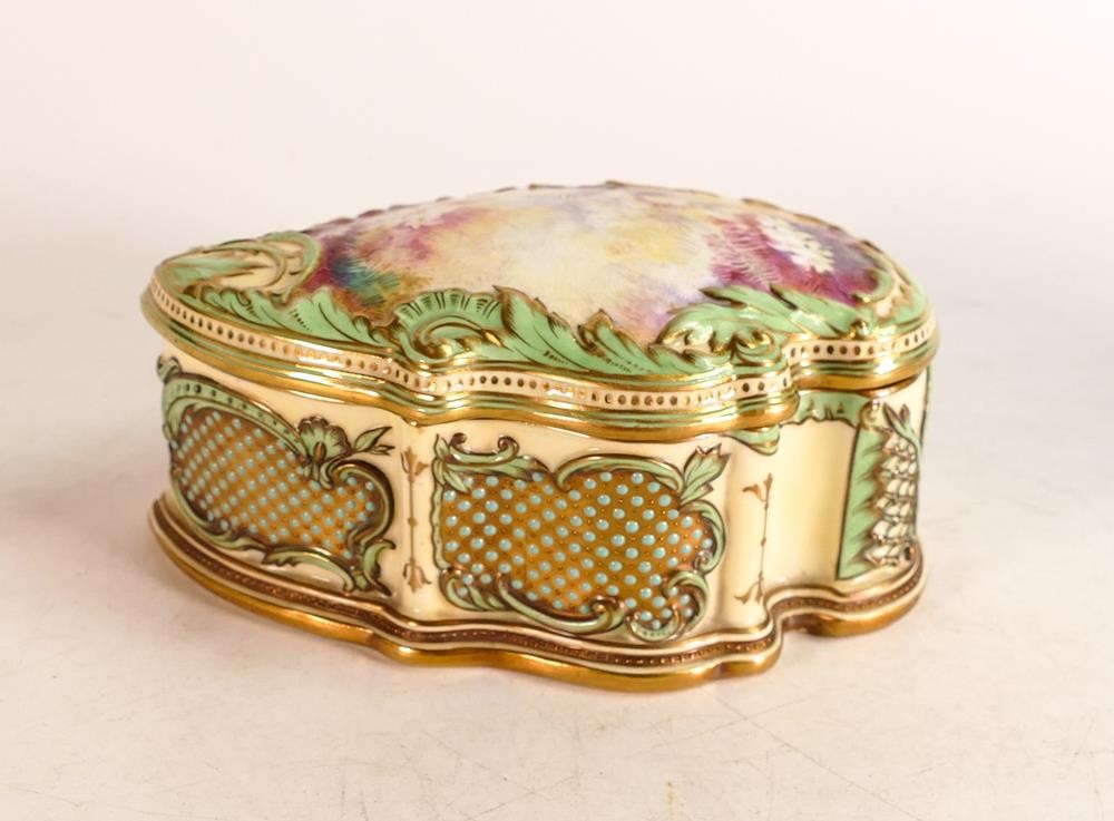 Coalport porcelain jewelled lidded box. Painted with vibrant floral scene on cream ground with green