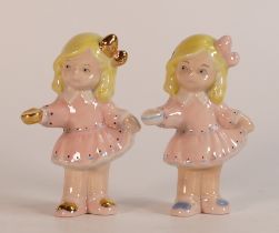 Two Wade figurines of a girl in pink dress holding a cup. In different colourways, one marked F1