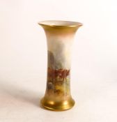 Royal Worcester hand painted trumpet vase. Painted with Highland cattle by Harry Stinton. Height: