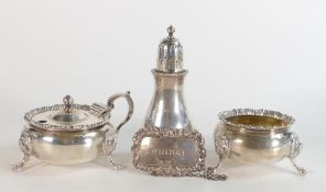 Large & heavy three piece hallmarked silver cruet set, clear modern London hallmarks. Gross weight