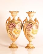 Carlton ware Ivory Blushware twin handled Baluster vases with hand painted Dahlia decoration. Gilt