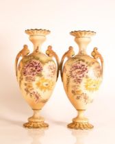 Carlton ware Ivory Blushware twin handled Baluster vases with hand painted Dahlia decoration. Gilt