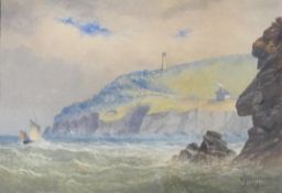 William Joseph WARREN, coastal cliffside landscape with sailing boats and lighthouse, watercolour on