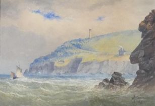 William Joseph WARREN, coastal cliffside landscape with sailing boats and lighthouse, watercolour on