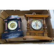 One Edwardian Oak mantle clock together with a slate victorian Mantle Clock