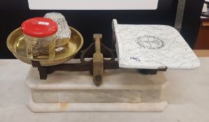 Late 19th century brass, iron and marble Parnall advertising cheese Scales including weights