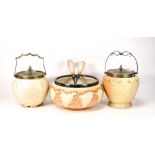 Locke & Co Worcester salad bowl with servers, together with two biscuits barrels with metal