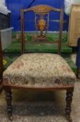 Victorian Inlaid and Upholstered Bedroom Chair Marquetry Inlay in the form of musical trophies.