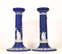 Wedgwood Dip Bl23ue Candlesticks, height 23cm(2)