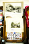A collection of vintage irish theme prints & Maltese stamps