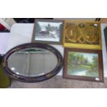 Wall Hanging Oval Chinese Mirror together with 3 framed prints of Chinese Artwork