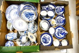 A large Collection of Blue & White Decorated tea ware , plate bowls & similar (2 trays)