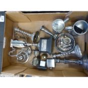 A mixed collection of silver plated items to include, trophies, candlesticks, tankards etc (1 tray)