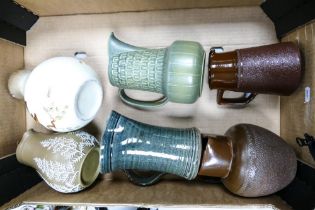 Six Earthenware Jugs to include handpainted bird example, Wedgwood, Studio Pottery etc.