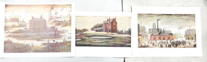 Three unframed lowery prints to include Lowery house, An Accident and one of a harbour scene .