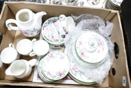 Royal Doulton Carmel tea and dinner ware to include 6 trios, teapot, bowls, dinner plates ( 1 tray)