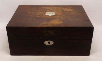 Late 19th Century Inlaid Jewellery Box with Mother of Pearl Cartouche inscribed M.R.M. to lid and