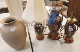 A group of 3 modern Oriental table lamps together with a large vintage Hillstonia stoneware vase,