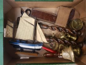 A mixed collection of items to include barley twist candle sticks, model ship, avery weights etc (