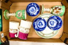 A mixed collection of items to include Flow Blue Cups & Saucers, 19th Century Goblets decorated with