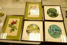 Five Framed Artworks to include two botanical prints of roses from P. J. Redoute and three Trevor