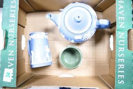 Wedgwood Jasperware Teapot , hot water jug & sage green pot