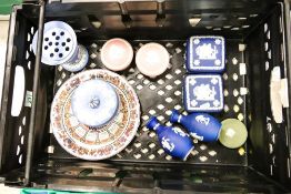 A mixed collection of Wedgwood items to include 2 x pink lidded pots, dip blue lidded boxes & vases,