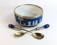 Wedgwood metal rimmed bowl decorated with classical scenes together with a pair of servers. Diameter