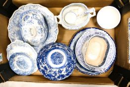 A collection of Blue & White decorated items including bowls, dishes, plates etc